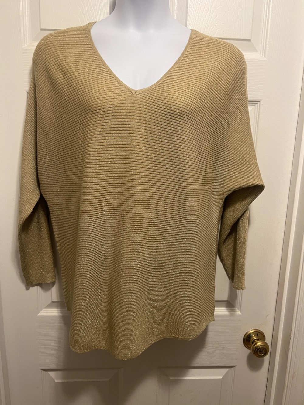 Hanna and Gracie V-Neck Ribbed Sweater in Light Gold Tone